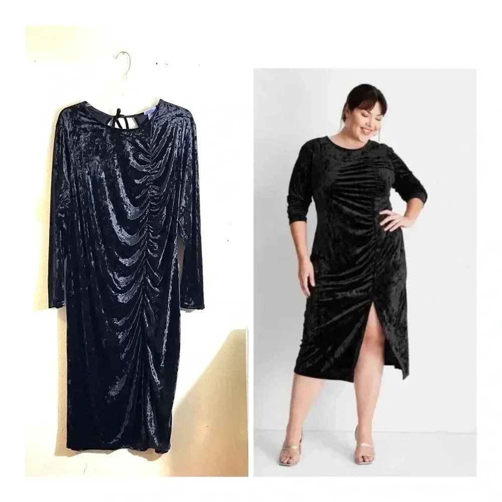Future Collective Women Plus 3X Black Velour Party Dress Ruched Open Back NEW